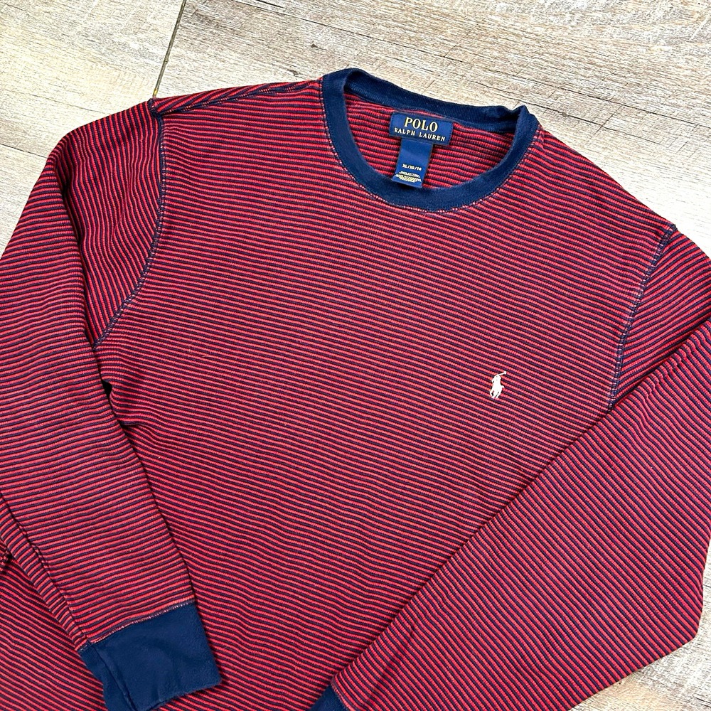 Polo Ralph Lauren Thermal Waffle Knit Shirt Men's Size XL Navy Red Striped Shirt